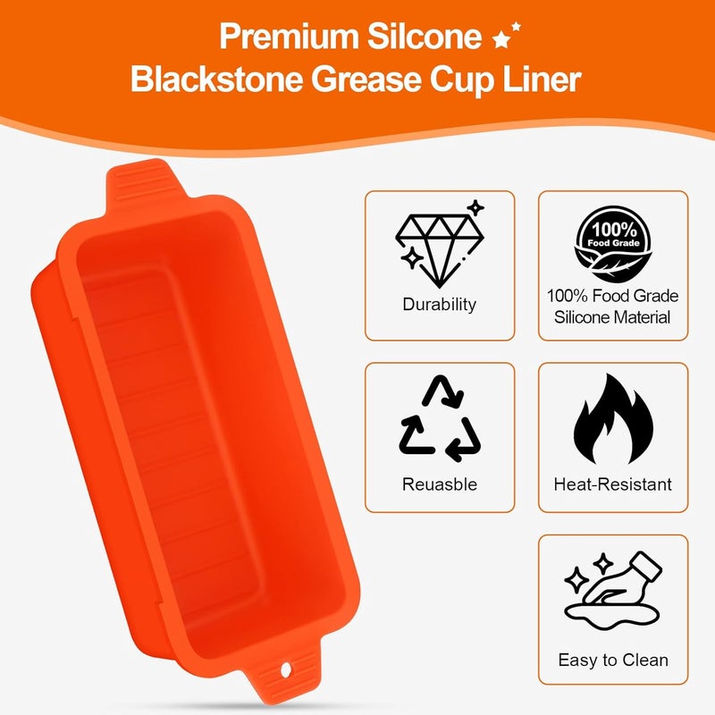 Oliggive 2 PCS Silicone Grease Cup Liners for Blackstone 36 28 22 17 Inch Griddle,Reusable Grease Catcher Cup Liner Grill Grease Tray,Durable Drip Pans Blackstone Griddle Accessories,Orange - Image 5